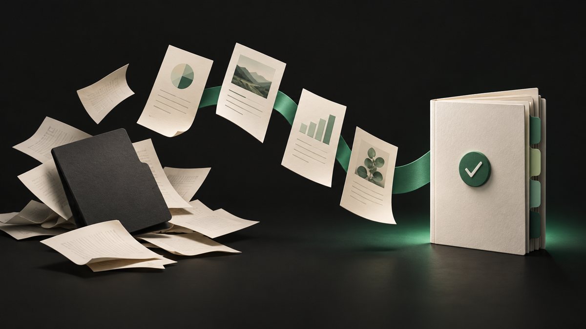 Scattered business documents connected by a green ribbon to an organised tender dossier.